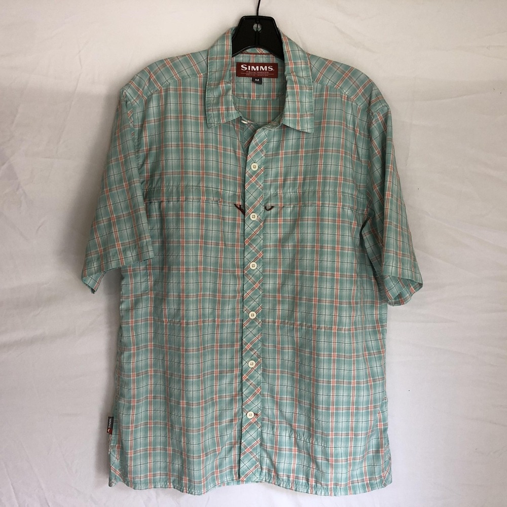 Simms Shirt Mens Medium Green Plaid Nylon Short Sleeve Button Front Fishing